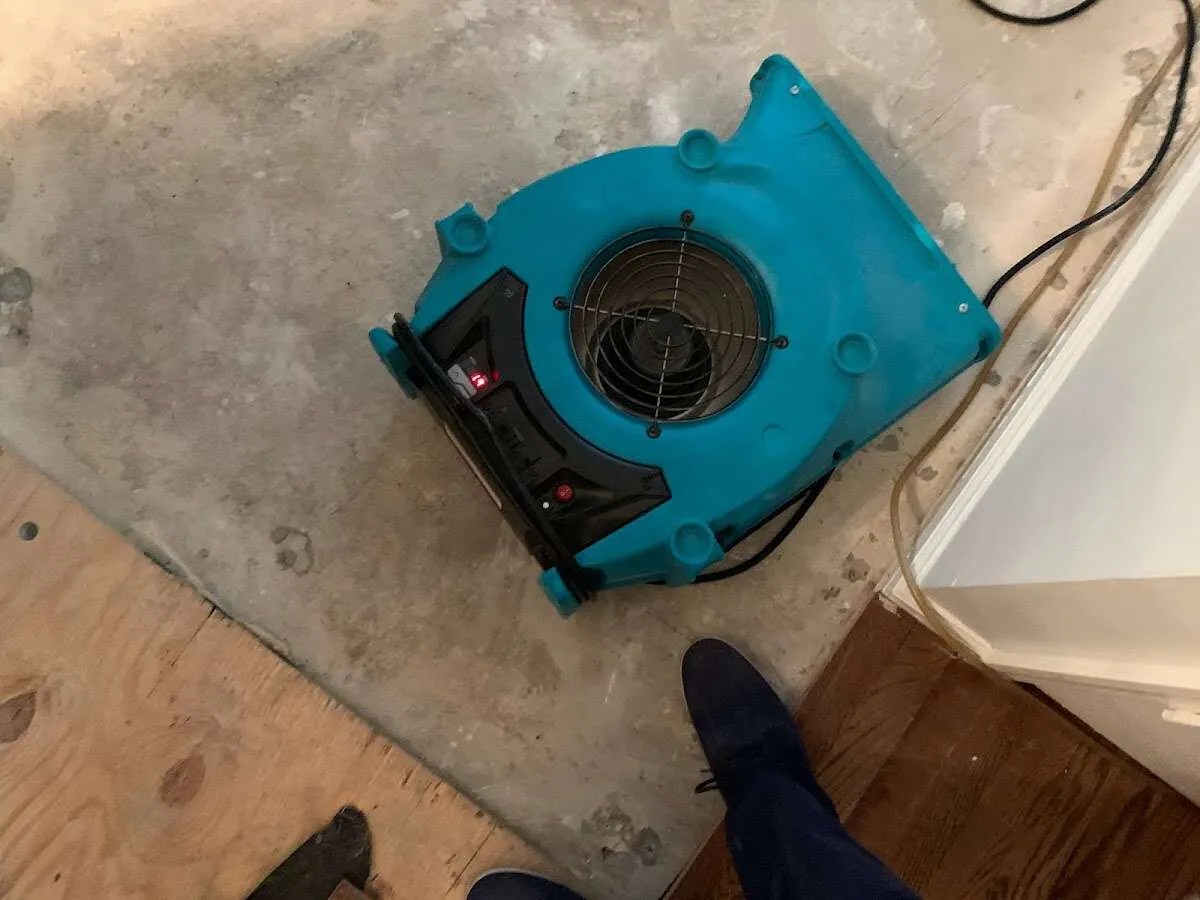 Air mover drying subfloor during Leak Detection & Repair in Mason City